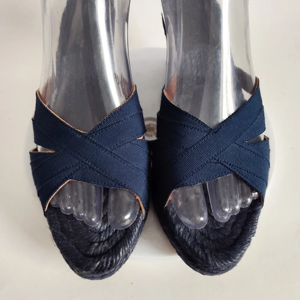 Stubbs & Wootton Sandals 37 / 6 Espadrille Wedge Blue‎ Ribbon Slip On Open Toe